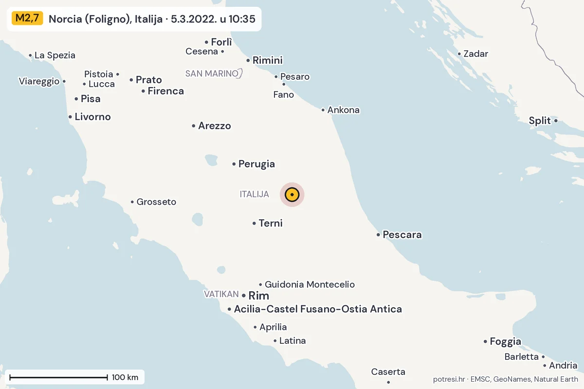 Karta: šire područje, 600 km, potres M2,7, Norcia (Foligno), Italija, 5.3.2022.
