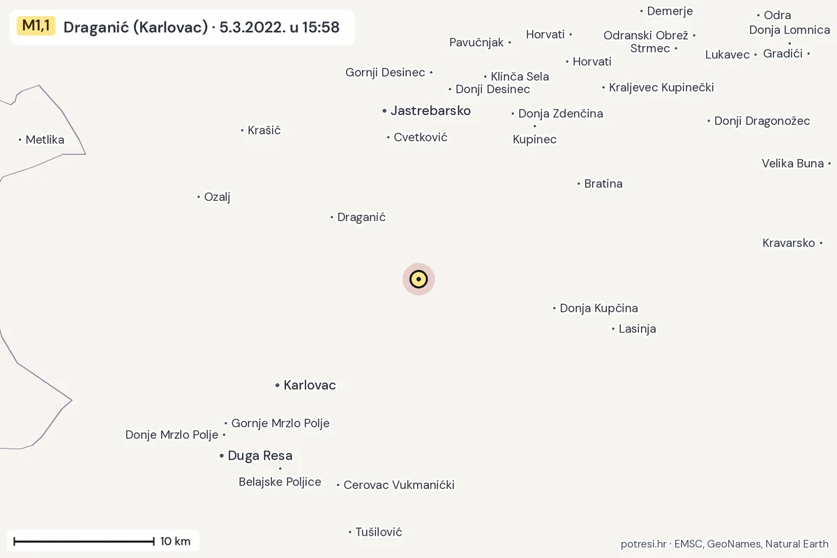 Karta: okolica epicentra, 60 km, potres M1,1, Draganić (Karlovac), 5.3.2022.