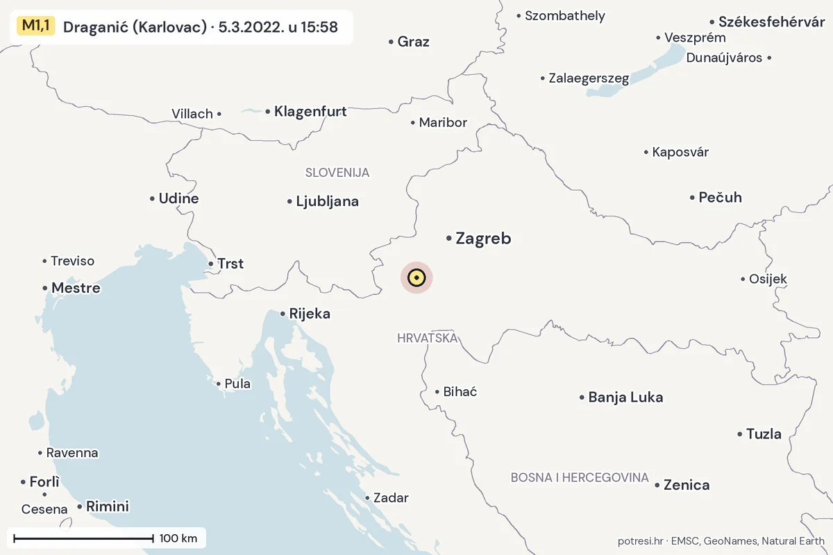 Karta: šire područje, 600 km, potres M1,1, Draganić (Karlovac), 5.3.2022.