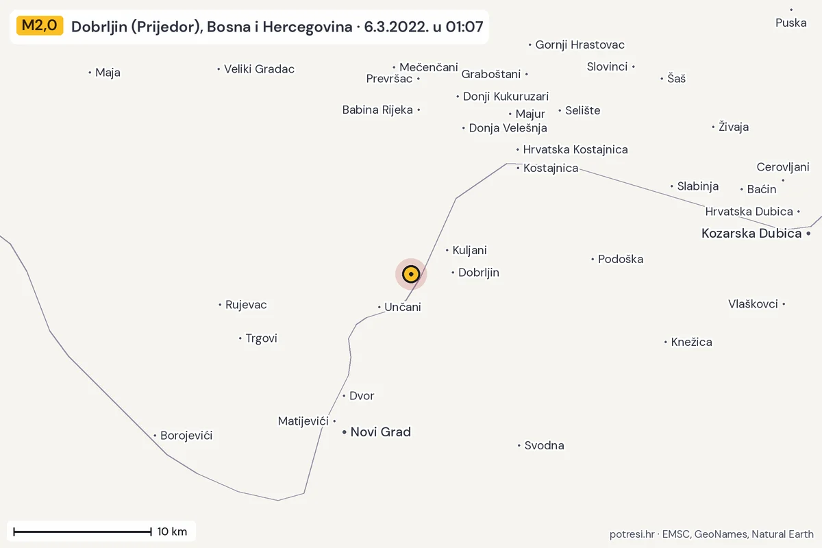 Karta: okolica epicentra, 60 km, potres M2,0, Dobrljin (Prijedor), Bosna i Hercegovina, 6.3.2022.