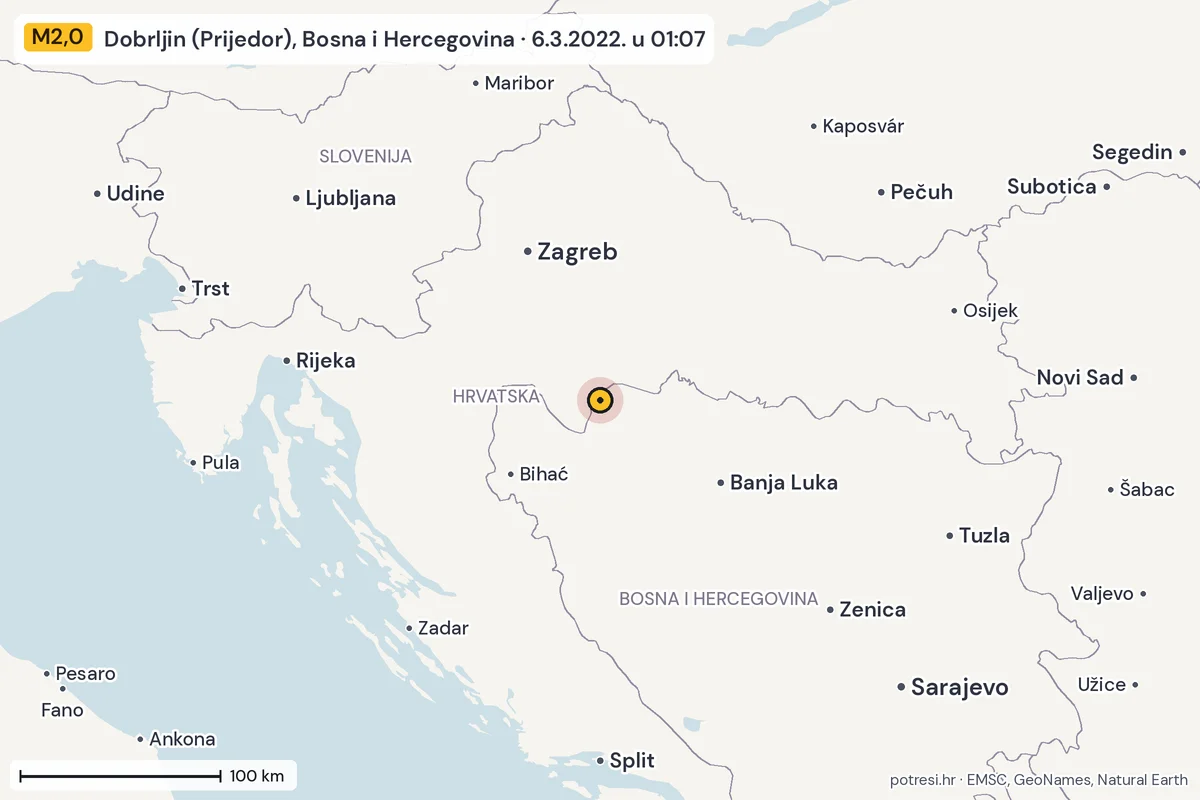 Karta: šire područje, 600 km, potres M2,0, Dobrljin (Prijedor), Bosna i Hercegovina, 6.3.2022.