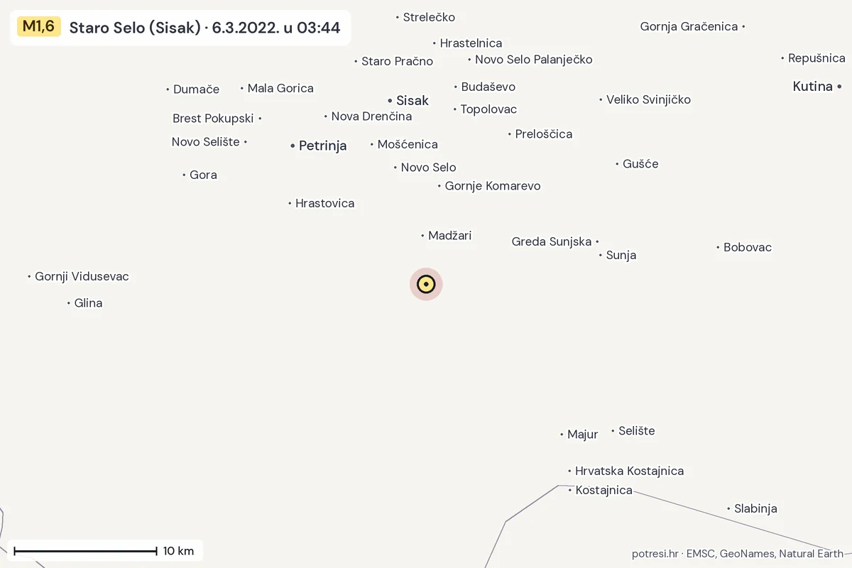 Karta: okolica epicentra, 60 km, potres M1,6, Staro Selo (Sisak), 6.3.2022.