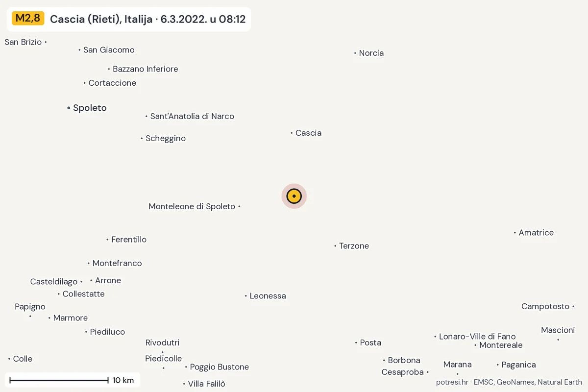 Karta: okolica epicentra, 60 km, potres M2,8, Cascia (Rieti), Italija, 6.3.2022.