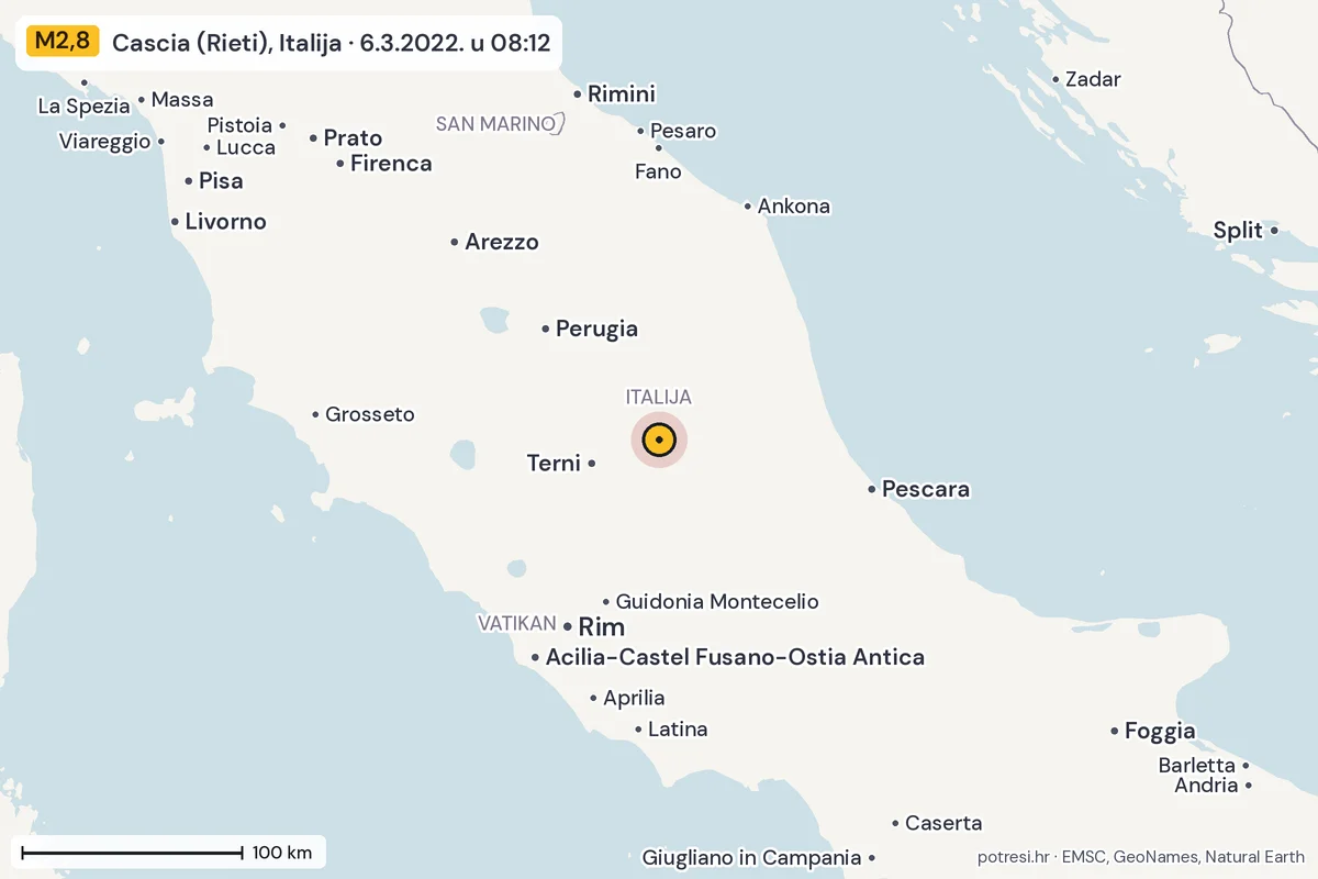 Karta: šire područje, 600 km, potres M2,8, Cascia (Rieti), Italija, 6.3.2022.