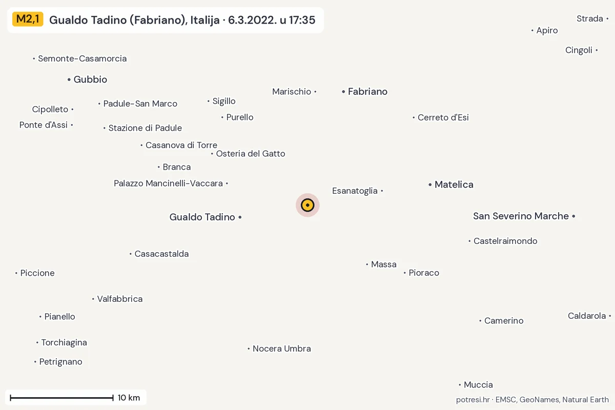 Karta: okolica epicentra, 60 km, potres M2,1, Gualdo Tadino (Fabriano), Italija, 6.3.2022.