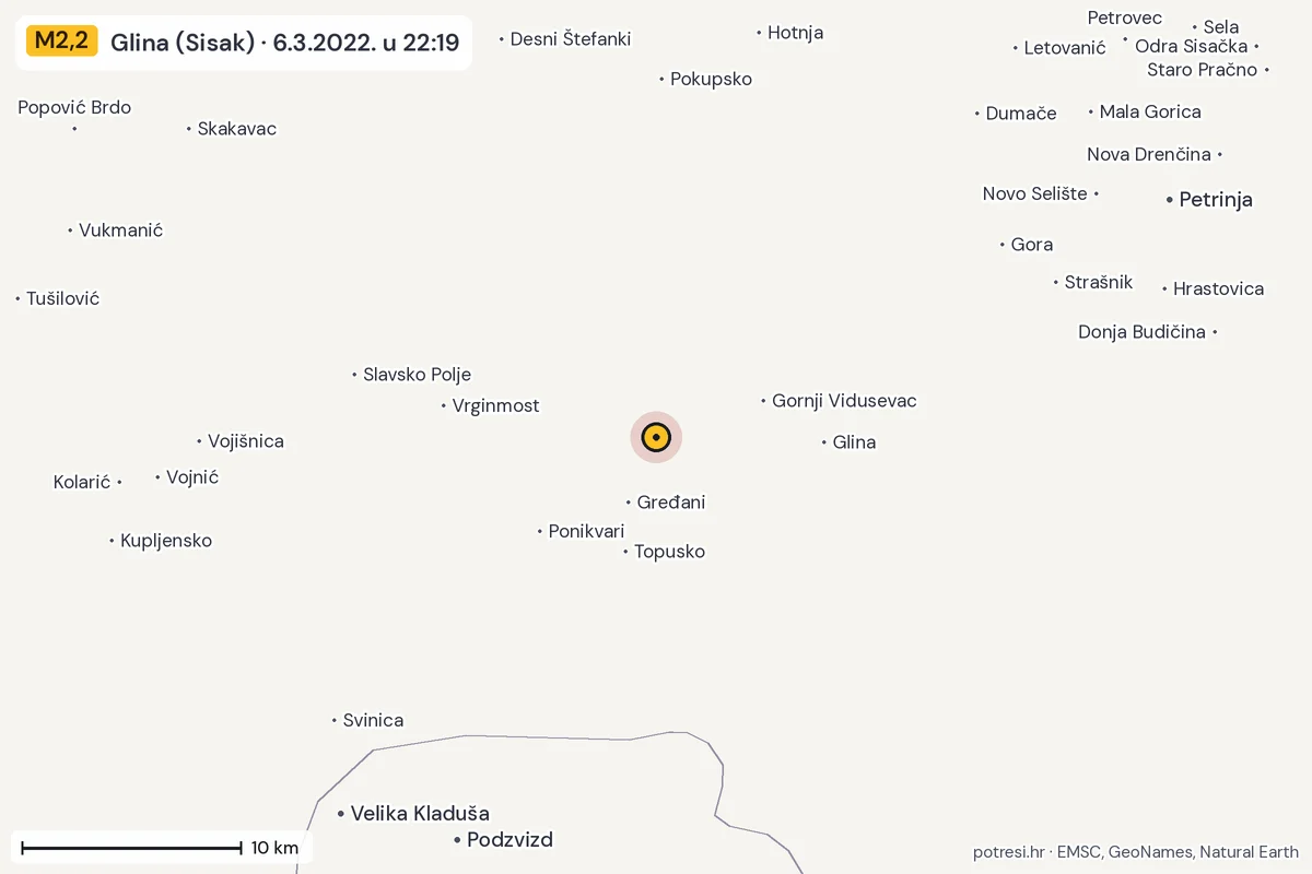 Karta: okolica epicentra, 60 km, potres M2,2, Glina (Sisak), 6.3.2022.