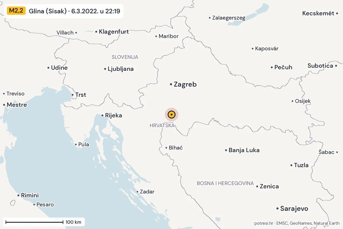 Karta: šire područje, 600 km, potres M2,2, Glina (Sisak), 6.3.2022.