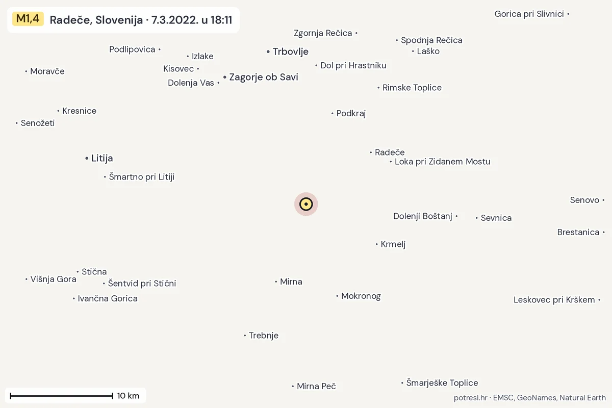 Karta: okolica epicentra, 60 km, potres M1,4, Radeče, Slovenija, 7.3.2022.