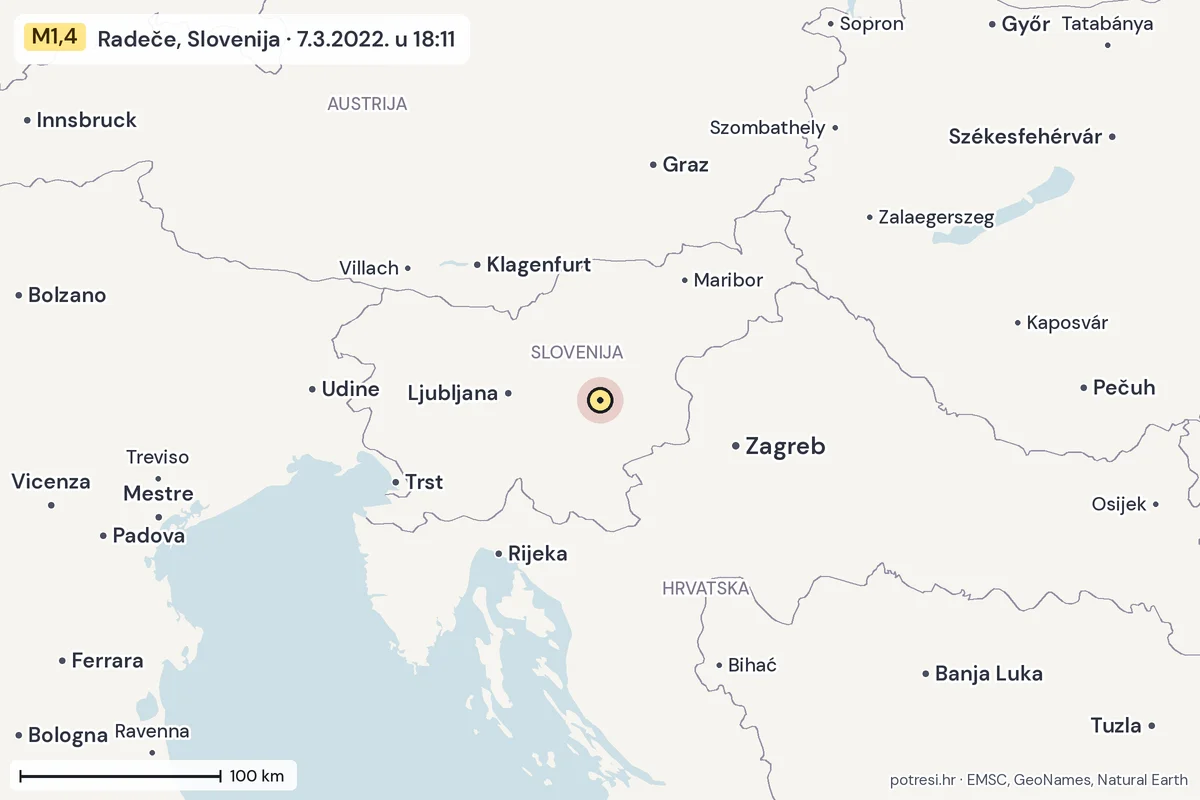 Karta: šire područje, 600 km, potres M1,4, Radeče, Slovenija, 7.3.2022.