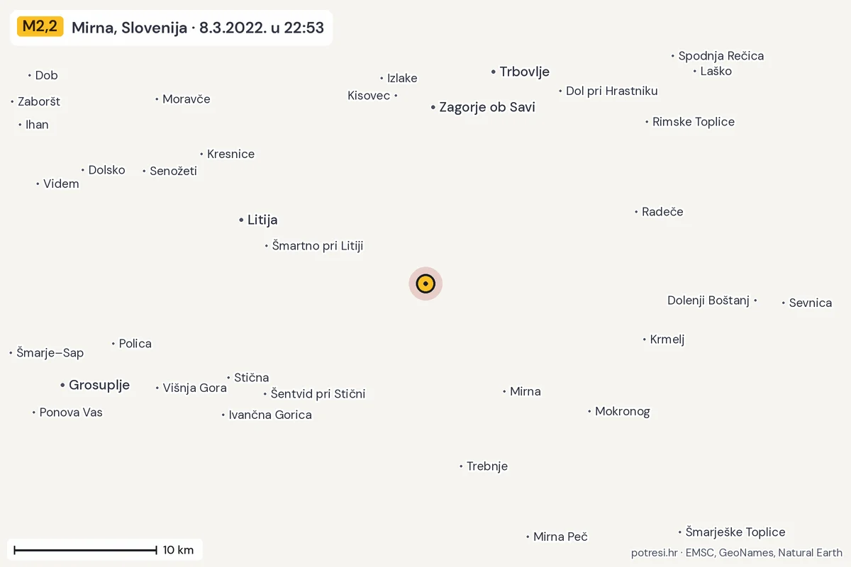 Karta: okolica epicentra, 60 km, potres M2,2, Mirna, Slovenija, 8.3.2022.