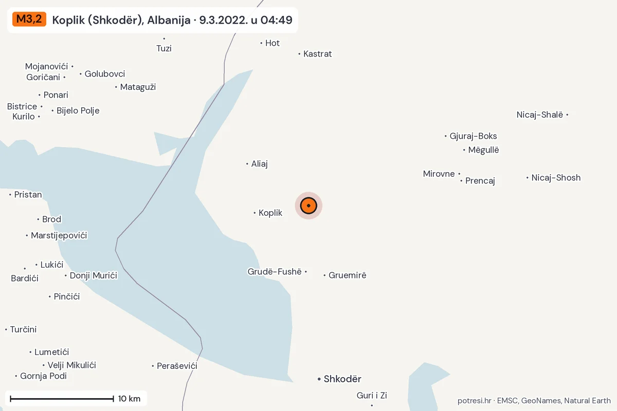 Karta: okolica epicentra, 60 km, potres M3,2, Koplik (Shkodër), Albanija, 9.3.2022.