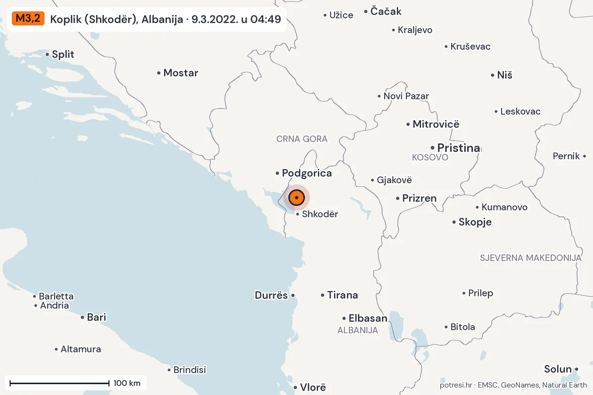 Karta: šire područje, 600 km, potres M3,2, Koplik (Shkodër), Albanija, 9.3.2022.