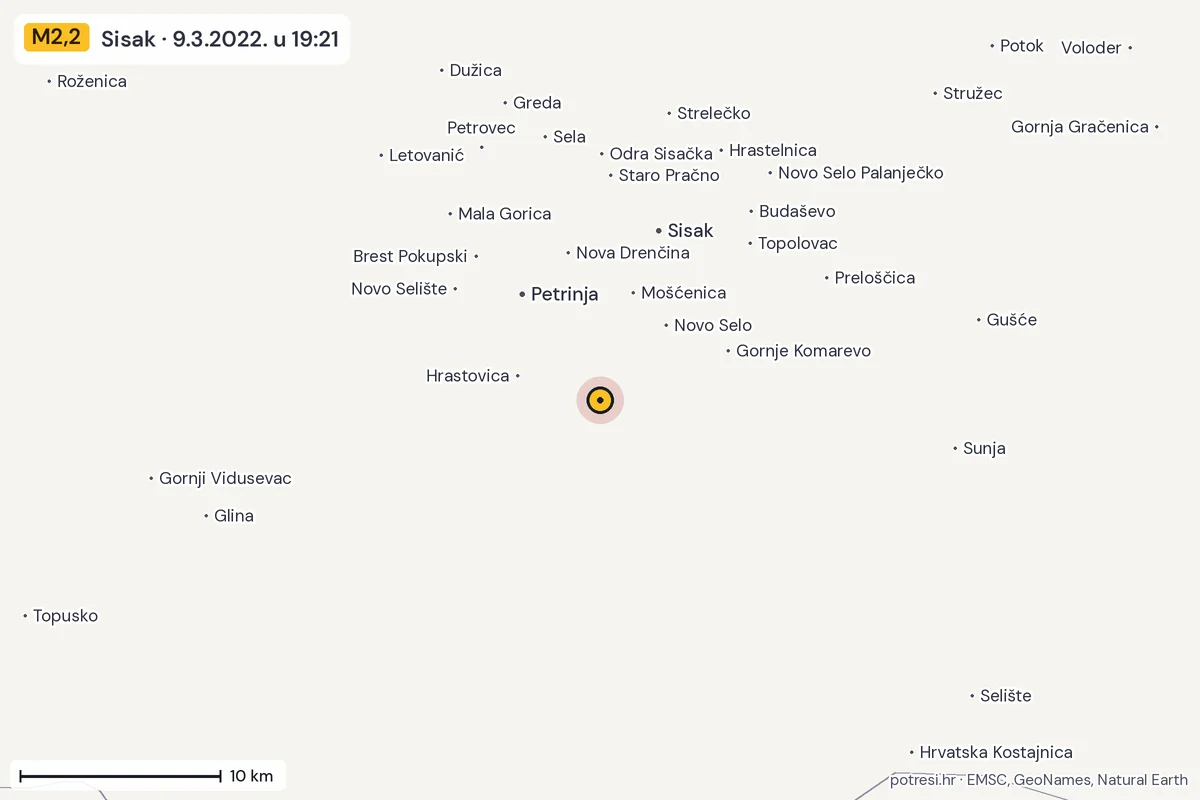Karta: okolica epicentra, 60 km, potres M2,2, Sisak, 9.3.2022.