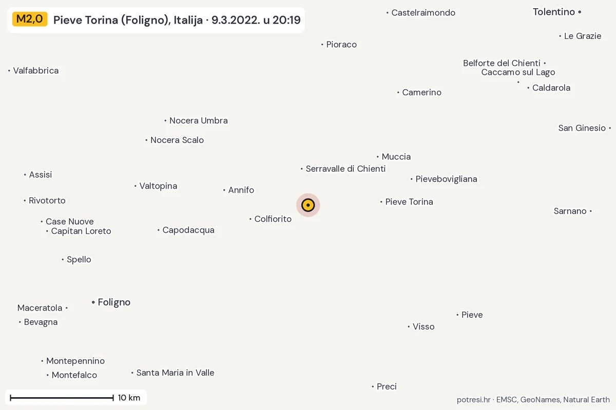 Karta: okolica epicentra, 60 km, potres M2,0, Pieve Torina (Foligno), Italija, 9.3.2022.