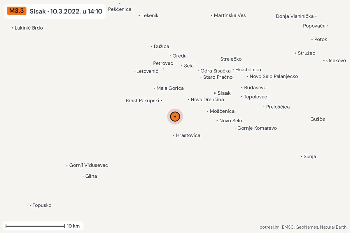 Karta: okolica epicentra, 60 km, potres M3,3, Sisak, 10.3.2022.