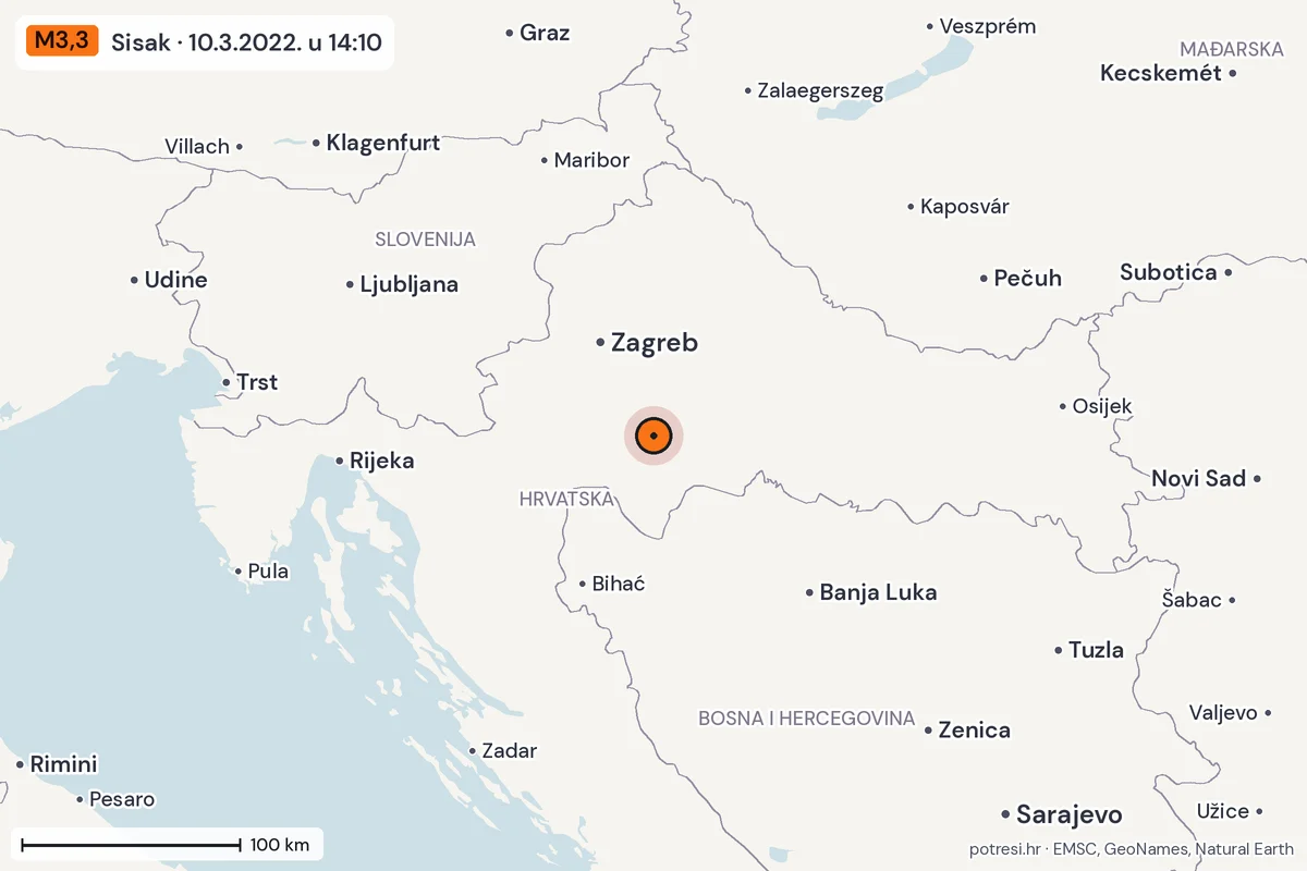 Karta: šire područje, 600 km, potres M3,3, Sisak, 10.3.2022.