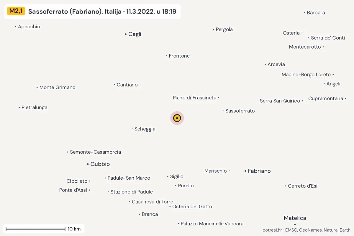 Karta: okolica epicentra, 60 km, potres M2,1, Sassoferrato (Fabriano), Italija, 11.3.2022.