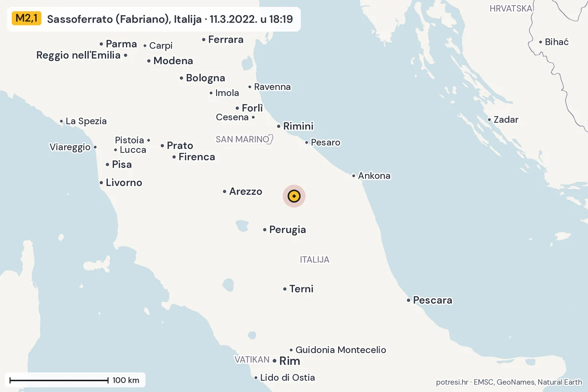 Karta: šire područje, 600 km, potres M2,1, Sassoferrato (Fabriano), Italija, 11.3.2022.