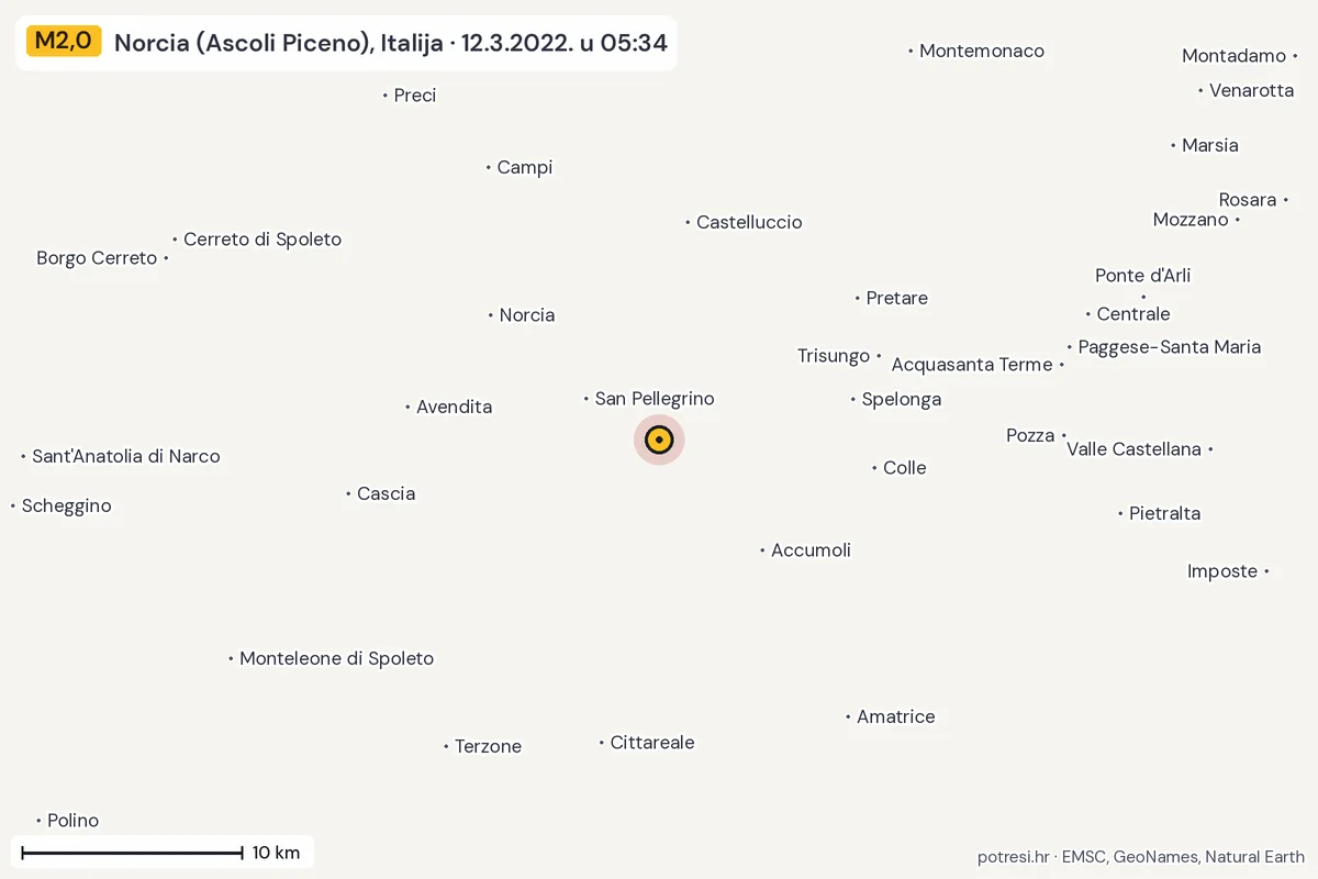 Karta: okolica epicentra, 60 km, potres M2,0, Norcia (Ascoli Piceno), Italija, 12.3.2022.