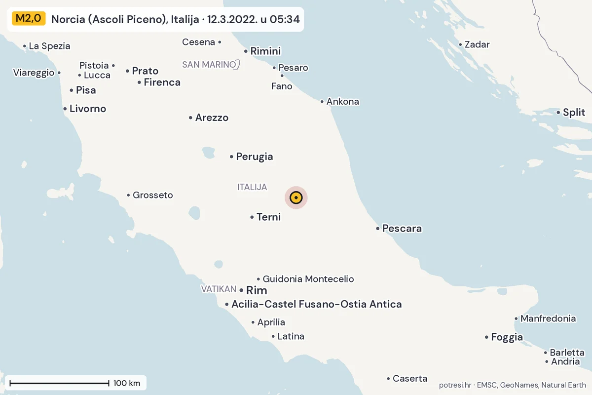 Karta: šire područje, 600 km, potres M2,0, Norcia (Ascoli Piceno), Italija, 12.3.2022.
