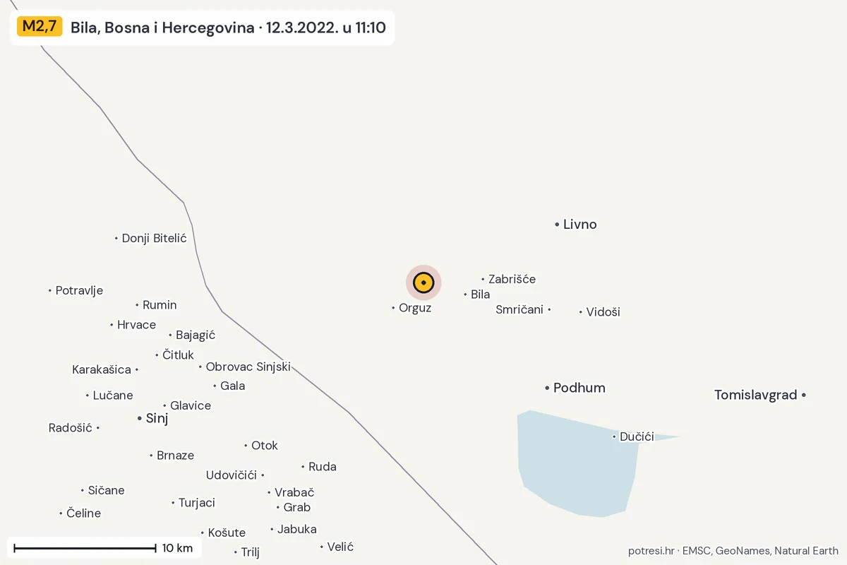 Karta: okolica epicentra, 60 km, potres M2,7, Bila, Bosna i Hercegovina, 12.3.2022.