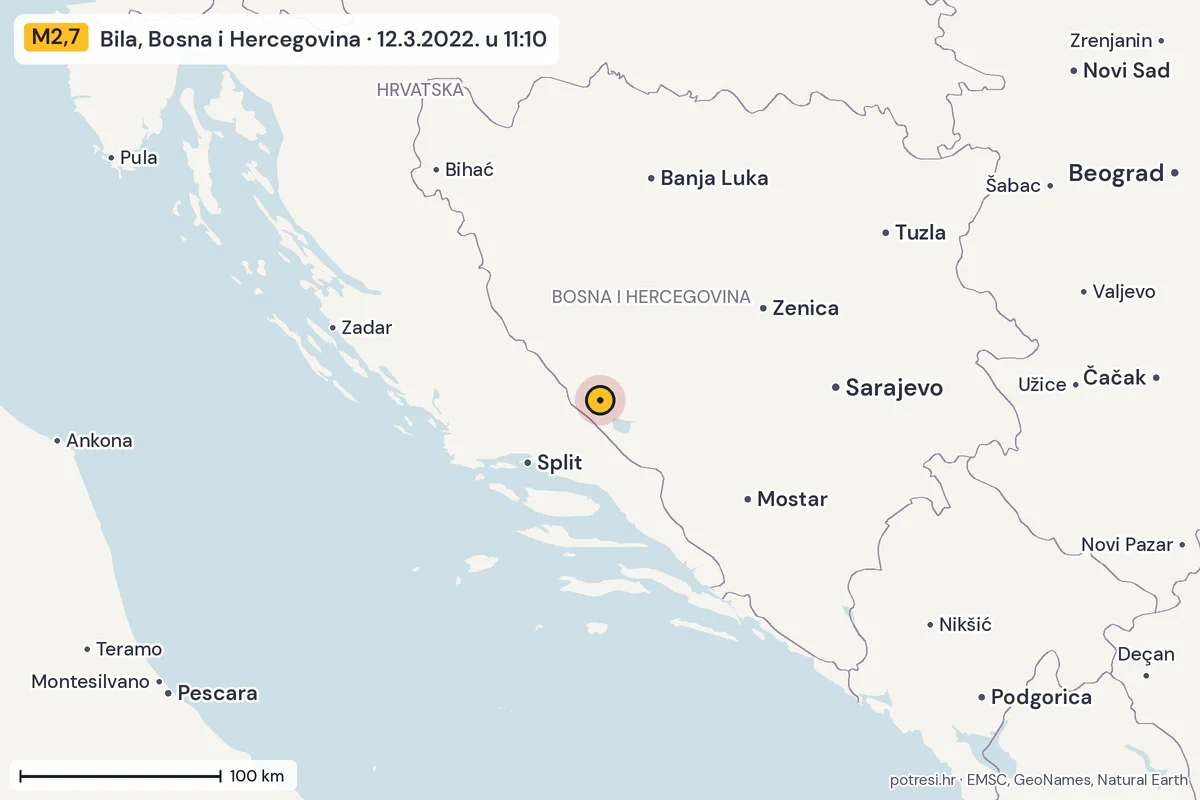 Karta: šire područje, 600 km, potres M2,7, Bila, Bosna i Hercegovina, 12.3.2022.