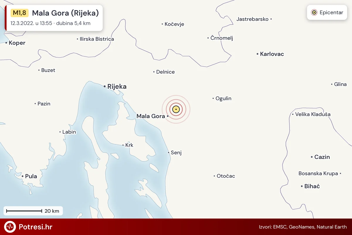 Karta: šire područje i vjerojatni doseg osjeta, potres M1,8, Mala Gora (Rijeka), 12.3.2022.