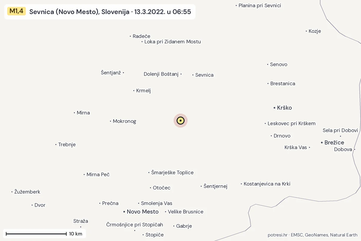 Karta: okolica epicentra, 60 km, potres M1,4, Sevnica (Novo Mesto), Slovenija, 13.3.2022.