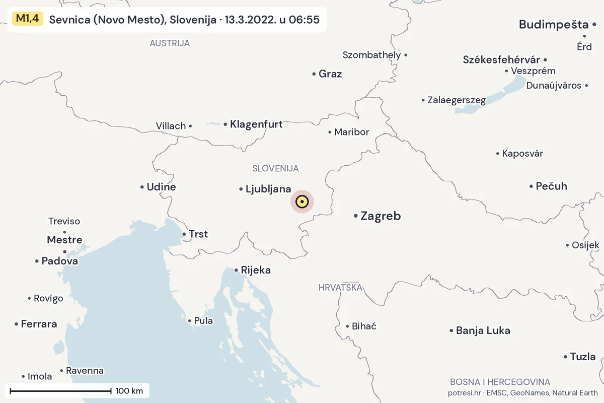 Karta: šire područje, 600 km, potres M1,4, Sevnica (Novo Mesto), Slovenija, 13.3.2022.