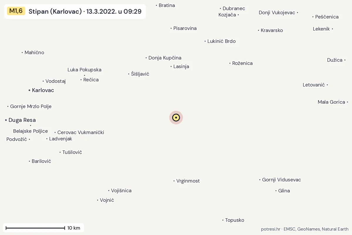Karta: okolica epicentra, 60 km, potres M1,6, Stipan (Karlovac), 13.3.2022.