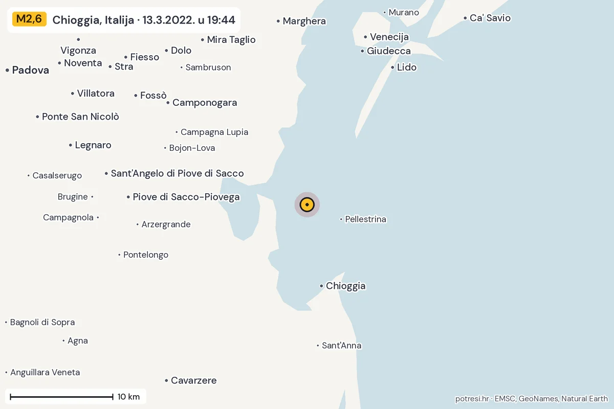 Karta: okolica epicentra, 60 km, potres M2,6, Chioggia, Italija, 13.3.2022.
