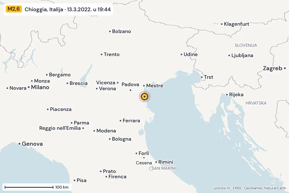 Karta: šire područje, 600 km, potres M2,6, Chioggia, Italija, 13.3.2022.