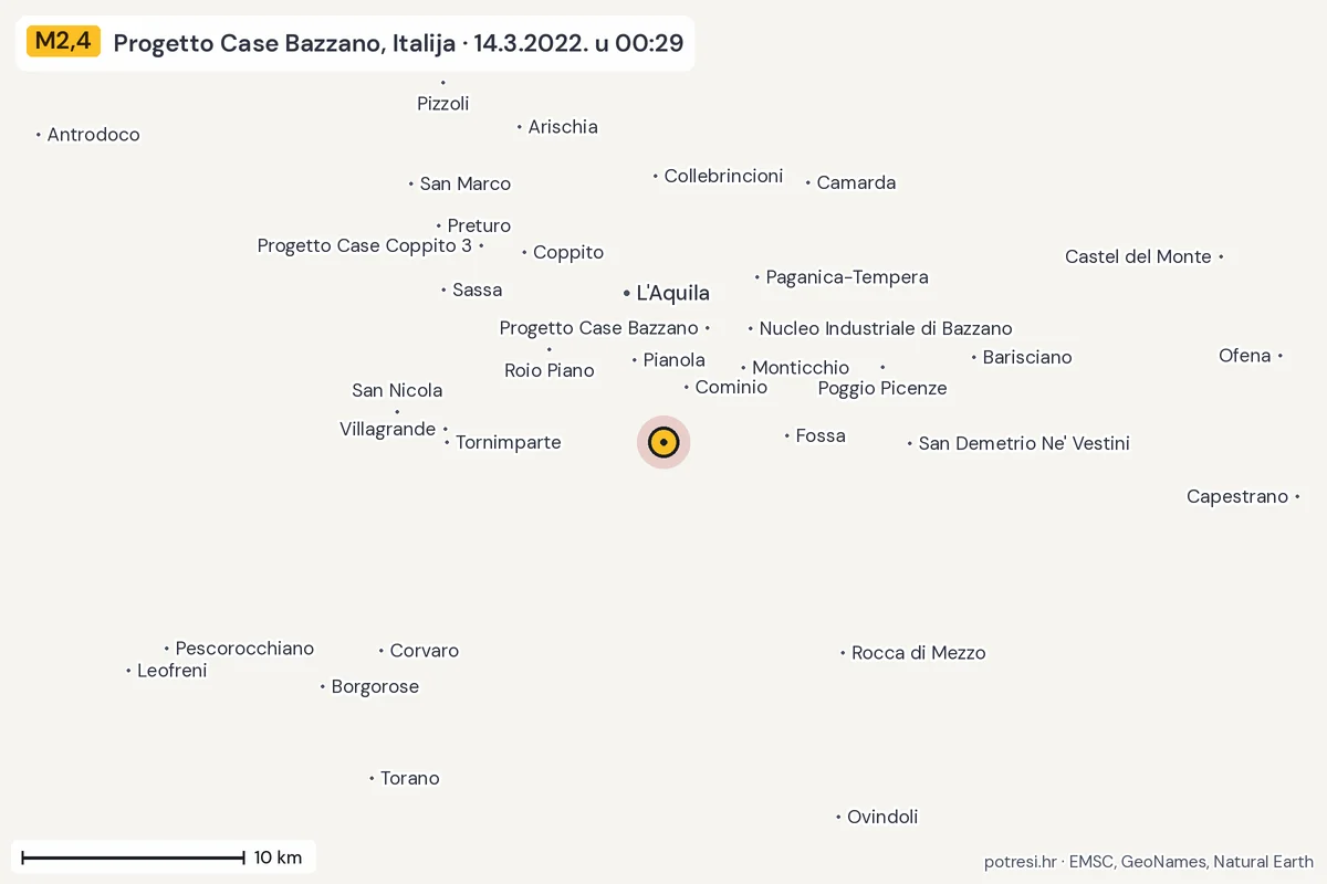 Karta: okolica epicentra, 60 km, potres M2,4, Progetto Case Bazzano, Italija, 14.3.2022.
