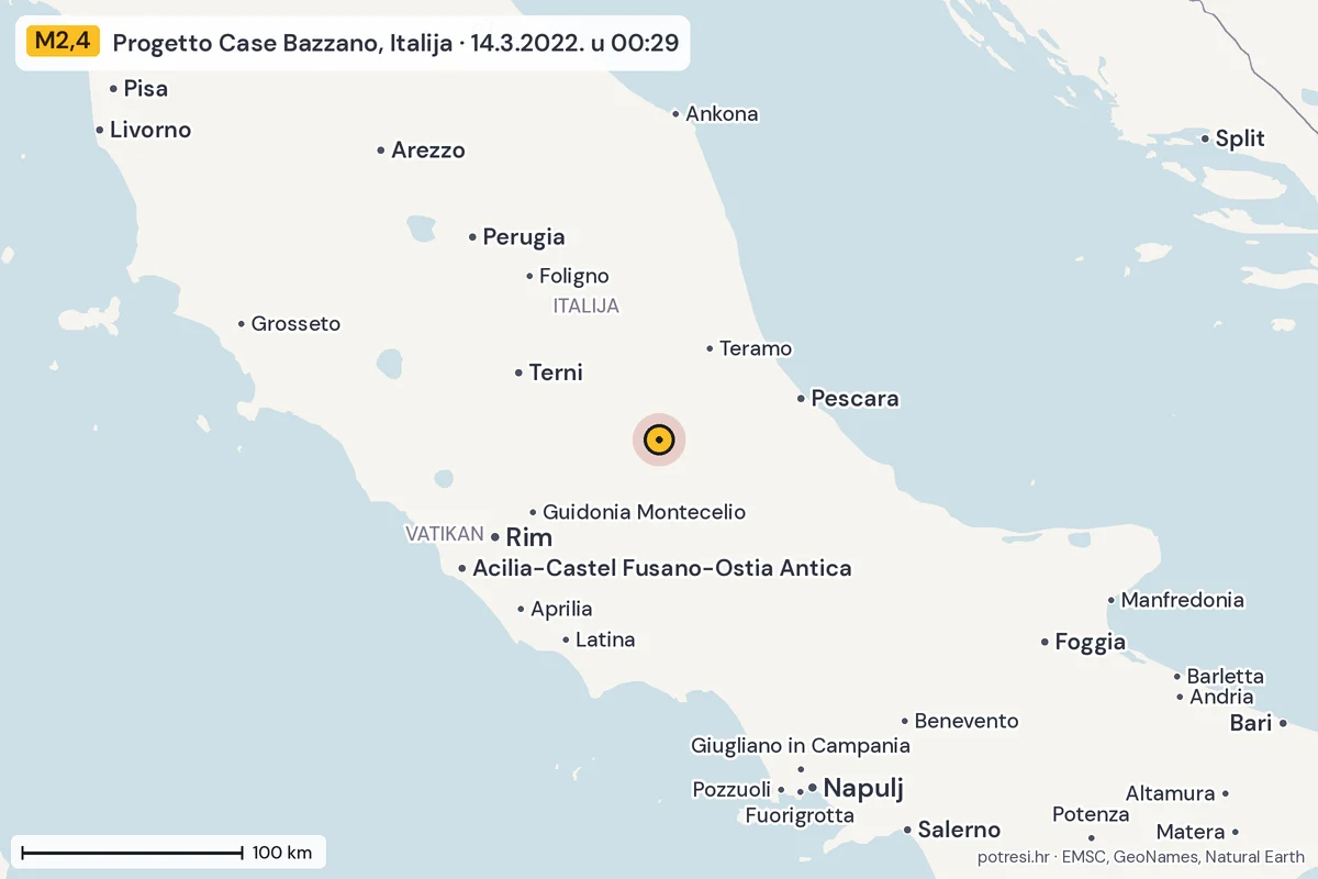Karta: šire područje, 600 km, potres M2,4, Progetto Case Bazzano, Italija, 14.3.2022.