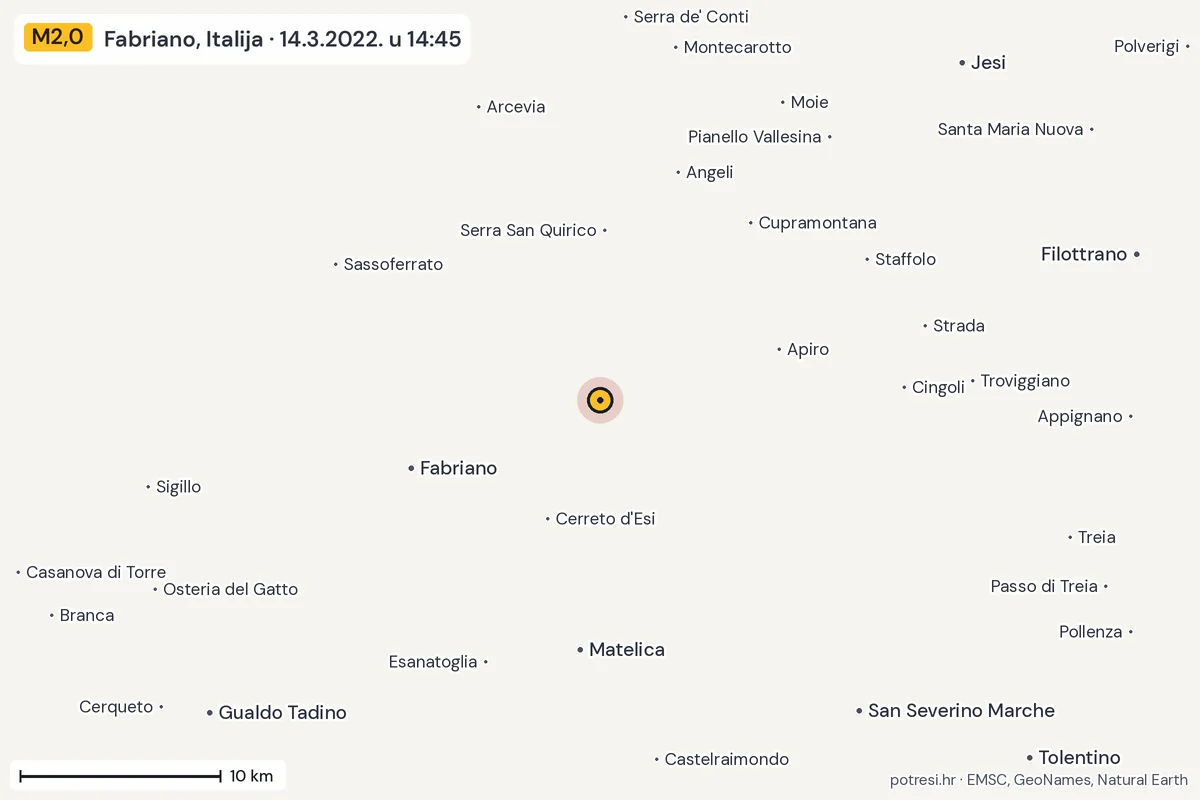 Karta: okolica epicentra, 60 km, potres M2,0, Fabriano, Italija, 14.3.2022.