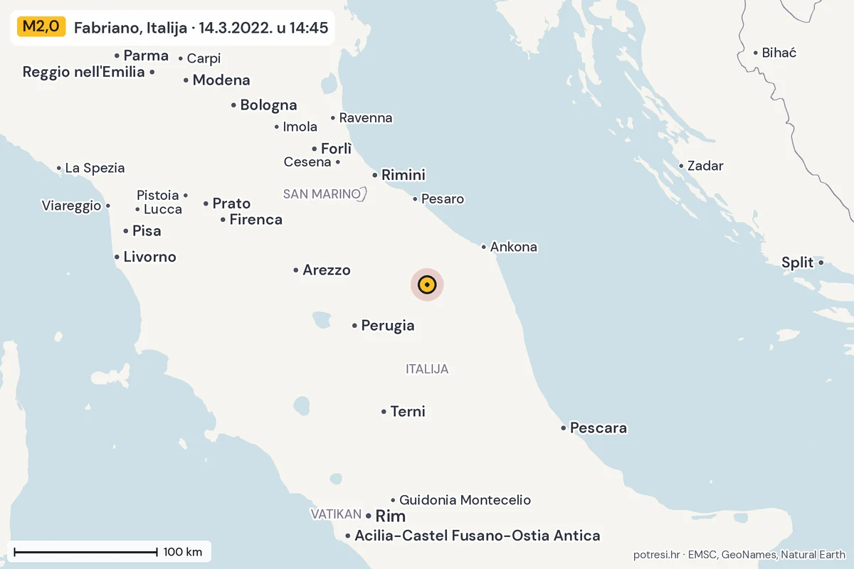 Karta: šire područje, 600 km, potres M2,0, Fabriano, Italija, 14.3.2022.