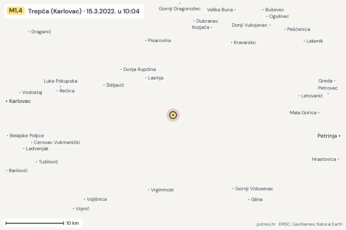 Karta: okolica epicentra, 60 km, potres M1,4, Trepča (Karlovac), 15.3.2022.
