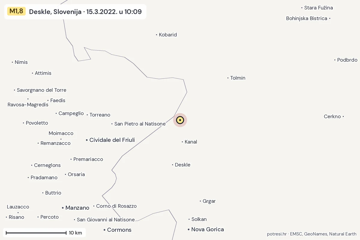 Karta: okolica epicentra, 60 km, potres M1,8, Deskle, Slovenija, 15.3.2022.