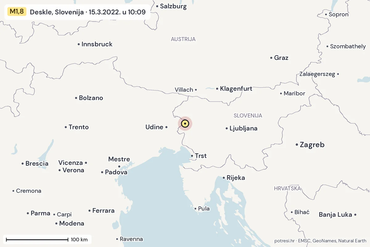 Karta: šire područje, 600 km, potres M1,8, Deskle, Slovenija, 15.3.2022.