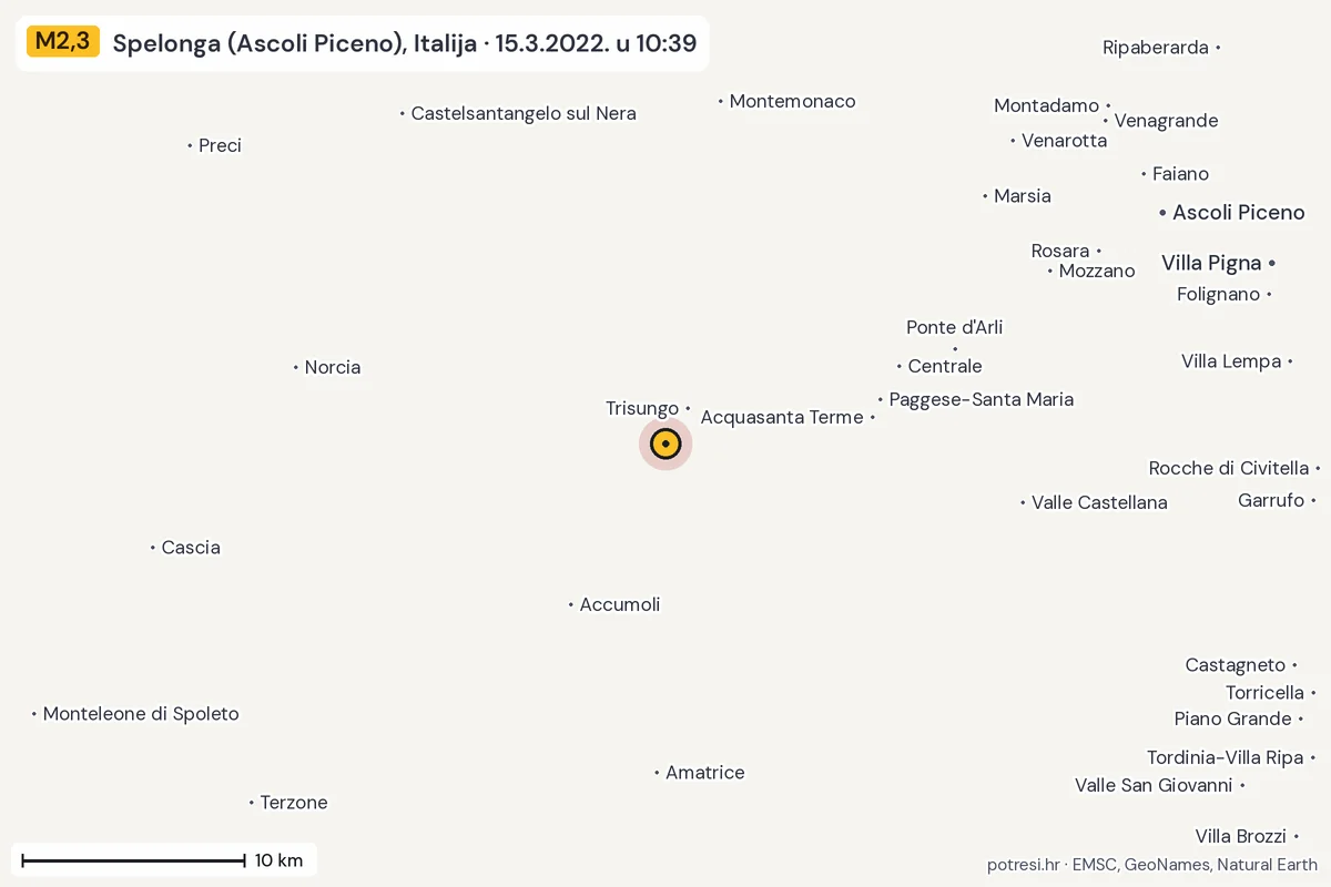 Karta: okolica epicentra, 60 km, potres M2,3, Spelonga (Ascoli Piceno), Italija, 15.3.2022.