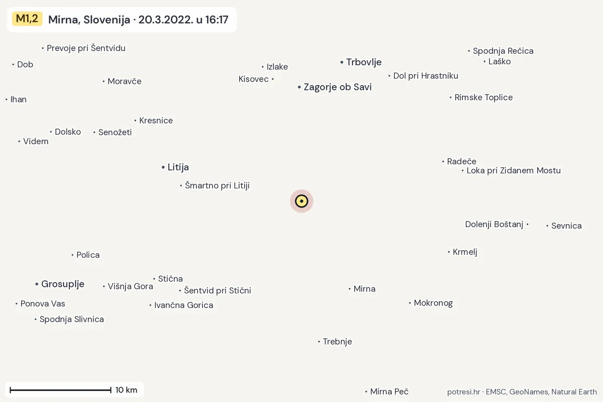 Karta: okolica epicentra, 60 km, potres M1,2, Mirna, Slovenija, 20.3.2022.