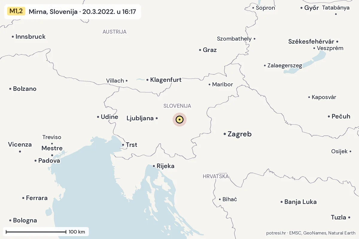 Karta: šire područje, 600 km, potres M1,2, Mirna, Slovenija, 20.3.2022.