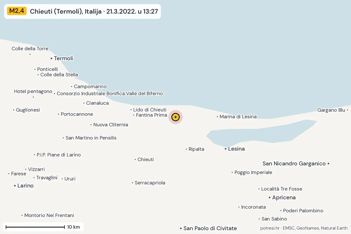 Karta: okolica epicentra, 60 km, potres M2,4, Chieuti (Termoli), Italija, 21.3.2022.