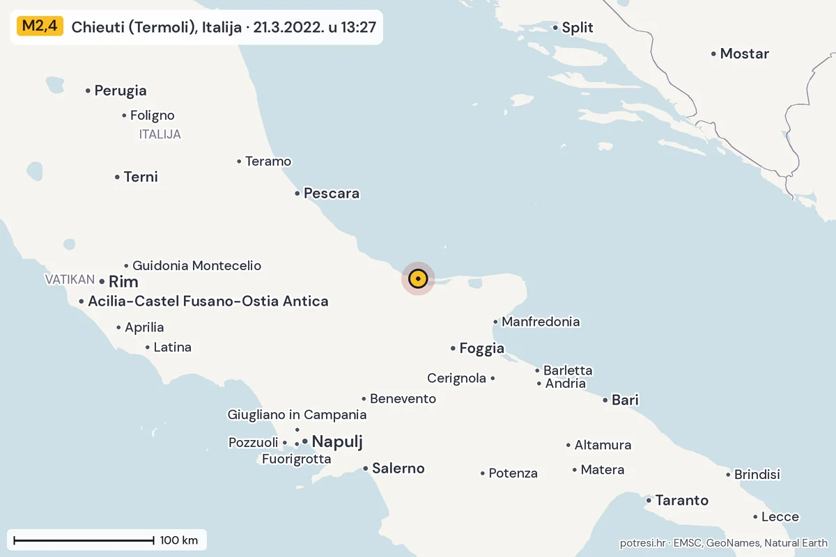 Karta: šire područje, 600 km, potres M2,4, Chieuti (Termoli), Italija, 21.3.2022.