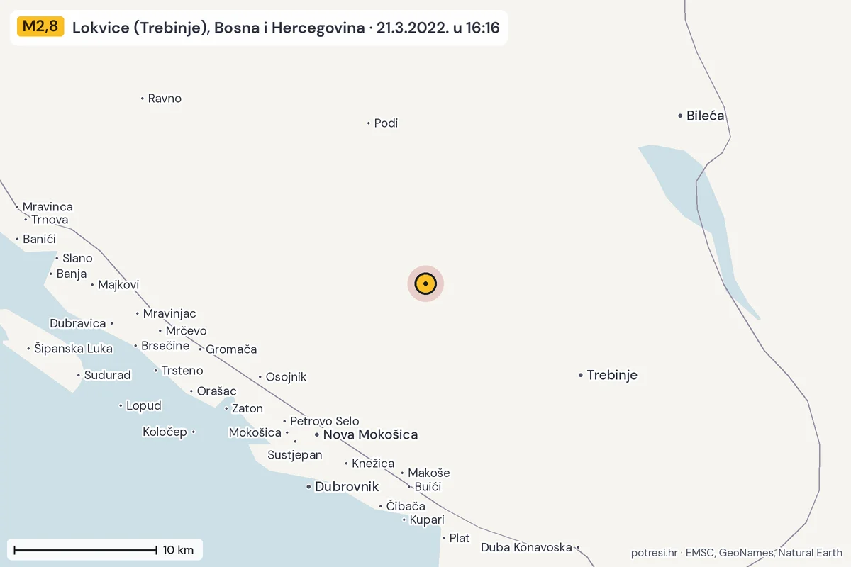 Karta: okolica epicentra, 60 km, potres M2,8, Lokvice (Trebinje), Bosna i Hercegovina, 21.3.2022.