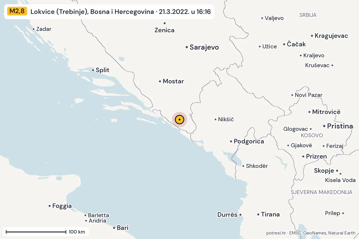 Karta: šire područje, 600 km, potres M2,8, Lokvice (Trebinje), Bosna i Hercegovina, 21.3.2022.