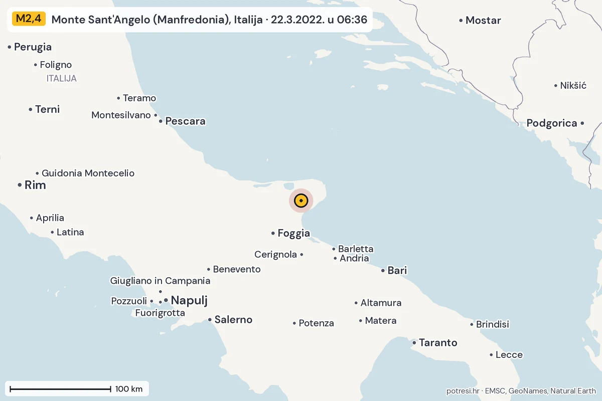 Karta: šire područje, 600 km, potres M2,4, Monte Sant'Angelo (Manfredonia), Italija, 22.3.2022.