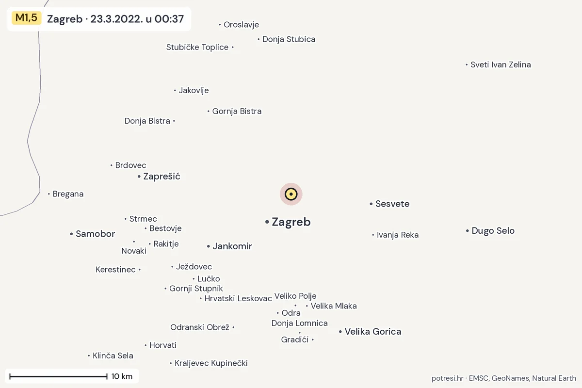 Karta: okolica epicentra, 60 km, potres M1,5, Zagreb, 23.3.2022.
