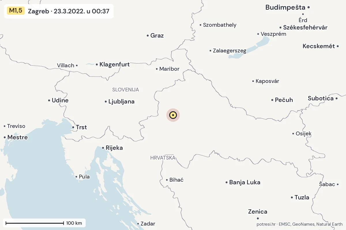 Karta: šire područje, 600 km, potres M1,5, Zagreb, 23.3.2022.