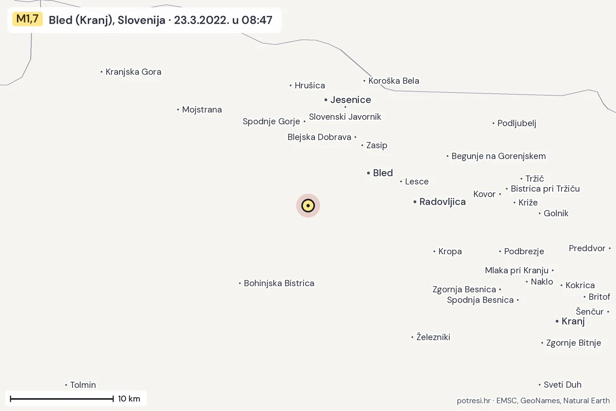 Karta: okolica epicentra, 60 km, potres M1,7, Bled (Kranj), Slovenija, 23.3.2022.